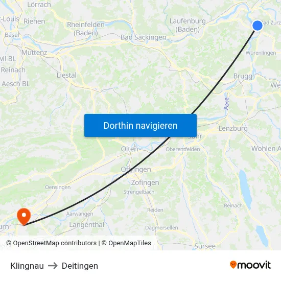 Klingnau to Deitingen map