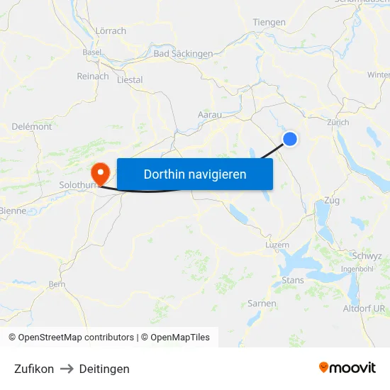Zufikon to Deitingen map