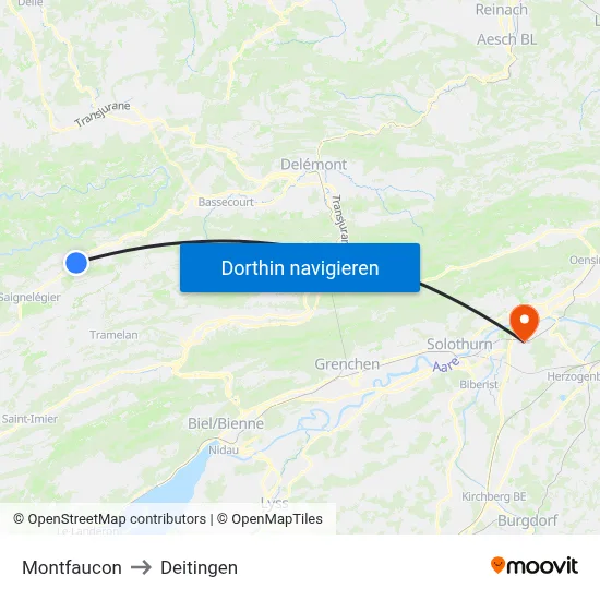 Montfaucon to Deitingen map