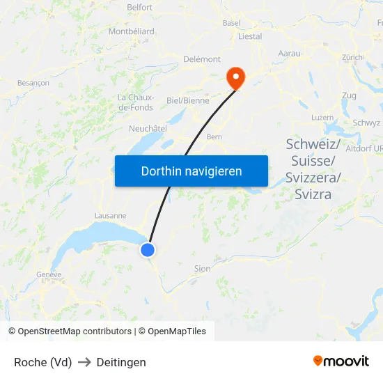 Roche (Vd) to Deitingen map