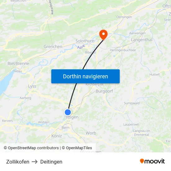 Zollikofen to Deitingen map