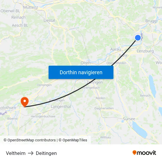 Veltheim to Deitingen map