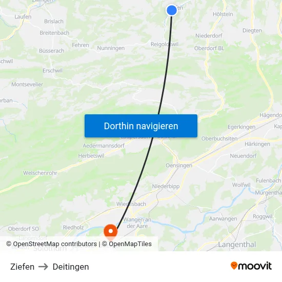 Ziefen to Deitingen map