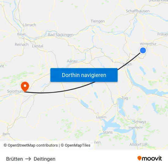 Brütten to Deitingen map