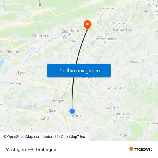 Vechigen to Deitingen map