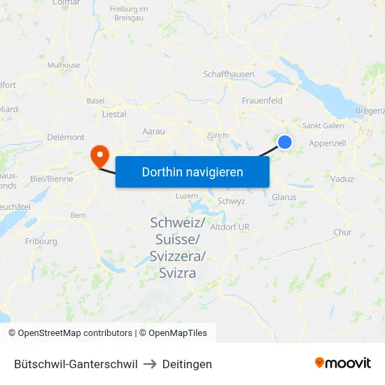Bütschwil-Ganterschwil to Deitingen map