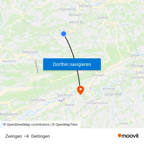 Zwingen to Deitingen map