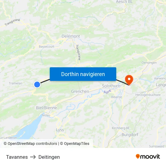 Tavannes to Deitingen map