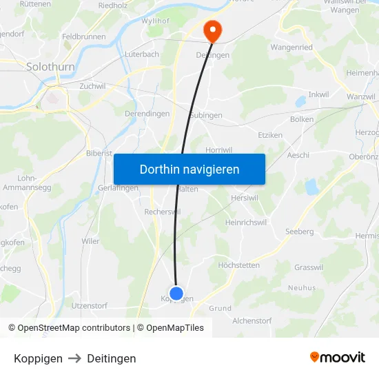 Koppigen to Deitingen map