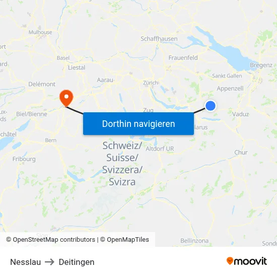 Nesslau to Deitingen map