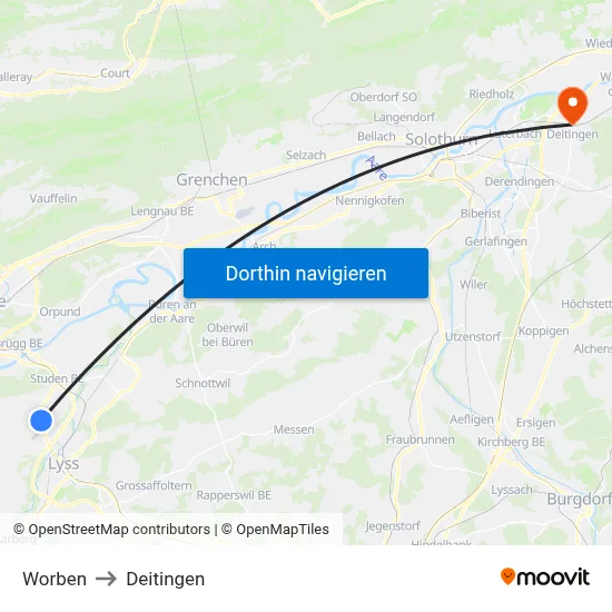 Worben to Deitingen map