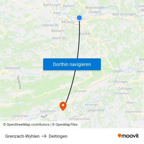 Grenzach-Wyhlen to Deitingen map