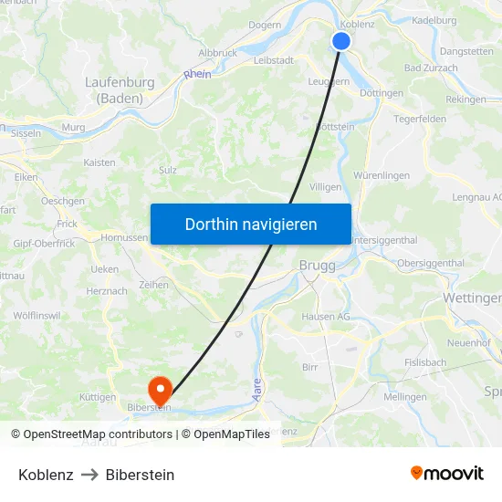 Koblenz to Biberstein map