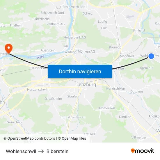 Wohlenschwil to Biberstein map