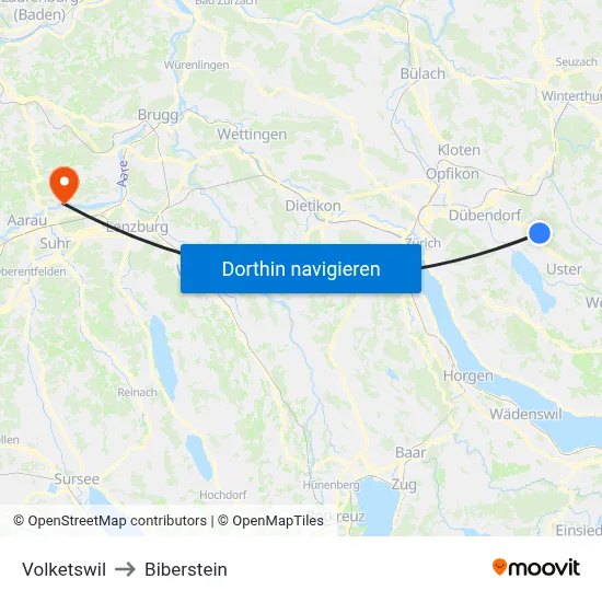 Volketswil to Biberstein map