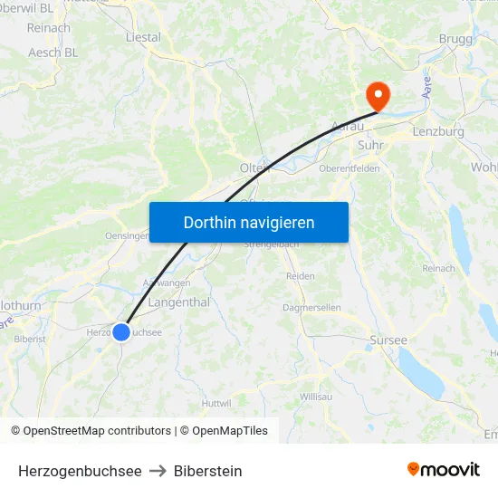 Herzogenbuchsee to Biberstein map