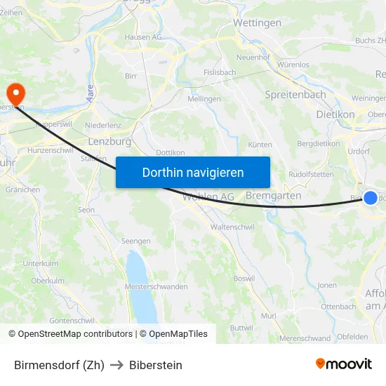 Birmensdorf (Zh) to Biberstein map