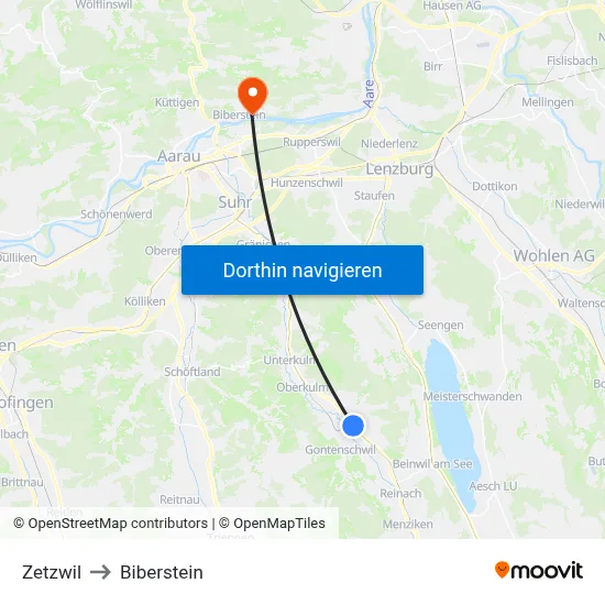 Zetzwil to Biberstein map