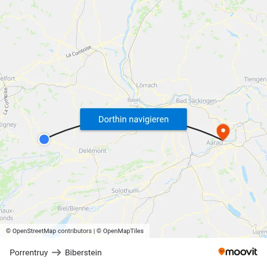 Porrentruy to Biberstein map