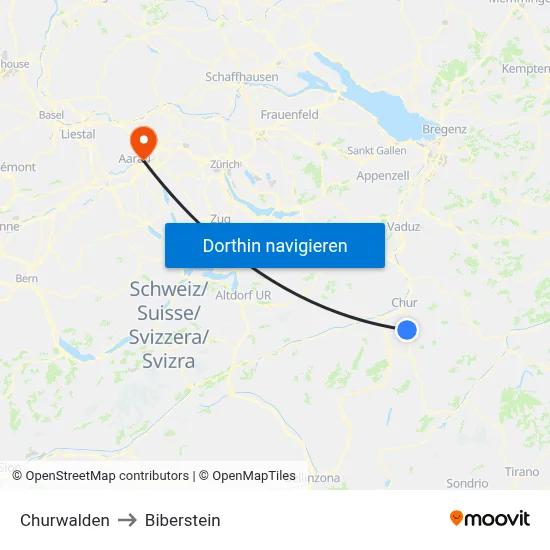 Churwalden to Biberstein map