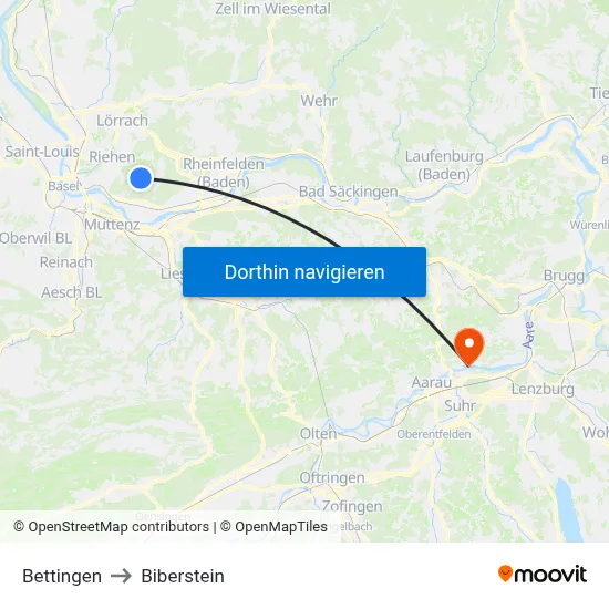 Bettingen to Biberstein map