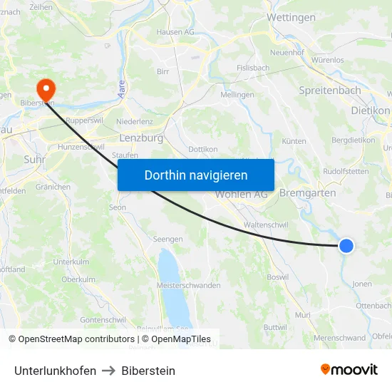 Unterlunkhofen to Biberstein map