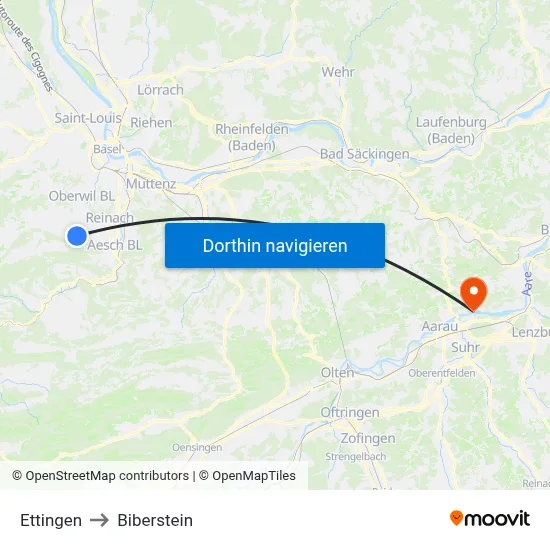Ettingen to Biberstein map