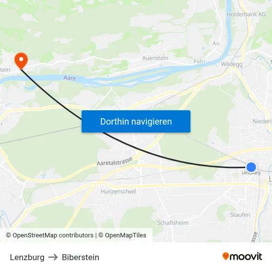 Lenzburg to Biberstein map