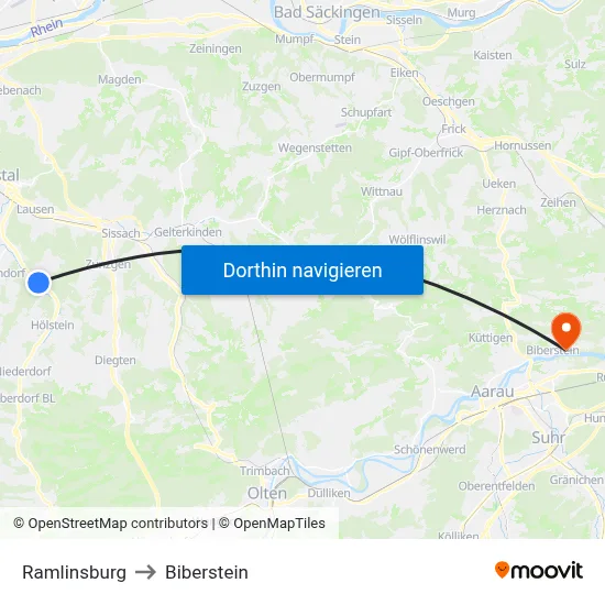 Ramlinsburg to Biberstein map