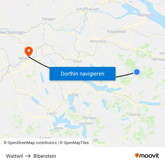 Wattwil to Biberstein map