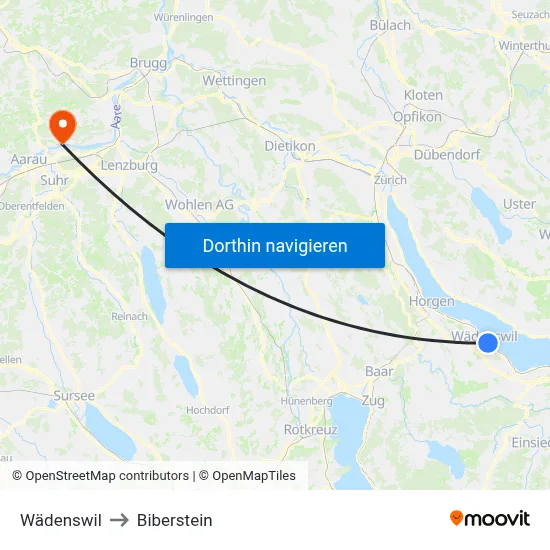 Wädenswil to Biberstein map