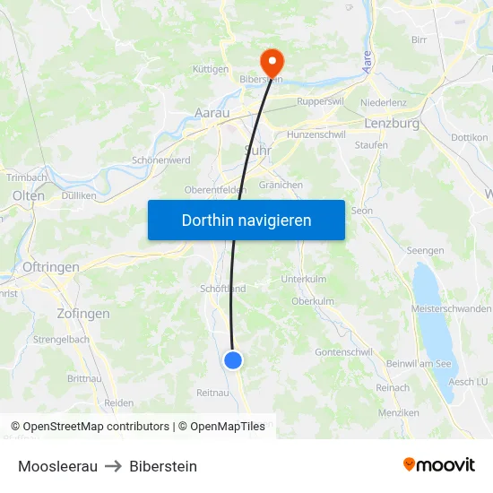 Moosleerau to Biberstein map