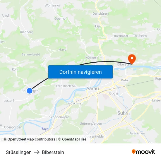Stüsslingen to Biberstein map