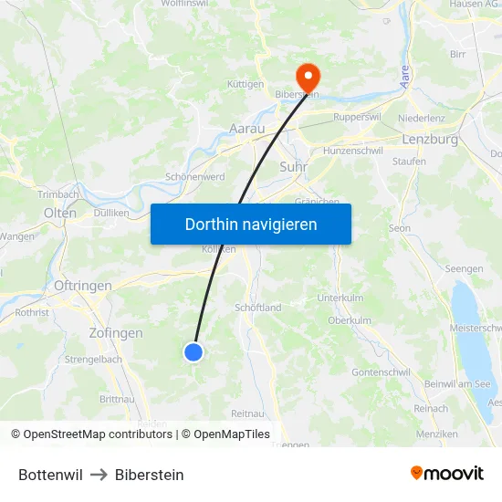 Bottenwil to Biberstein map