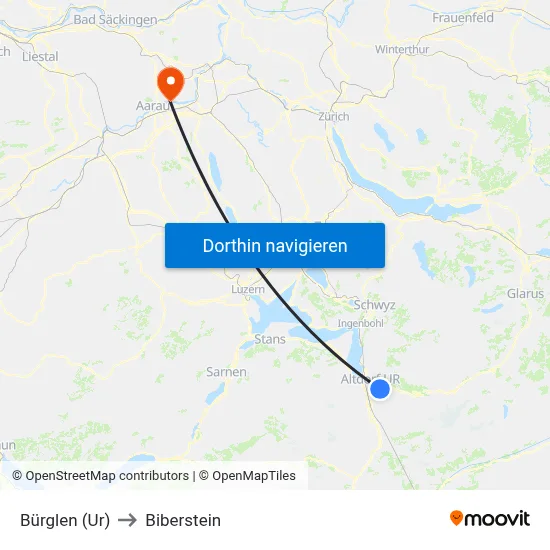 Bürglen (Ur) to Biberstein map
