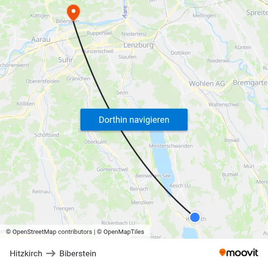 Hitzkirch to Biberstein map