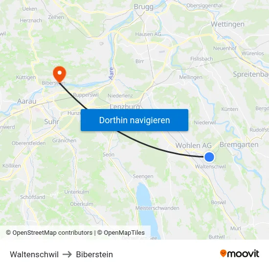 Waltenschwil to Biberstein map