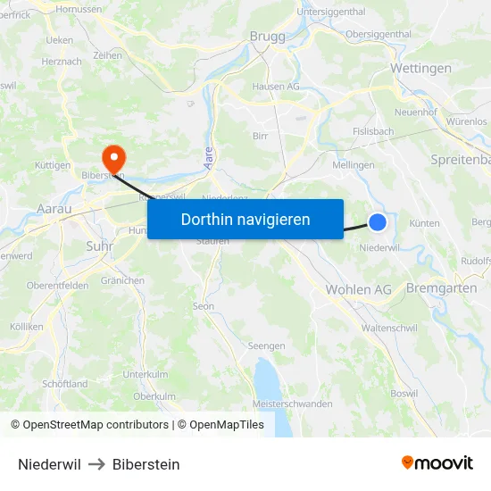 Niederwil to Biberstein map