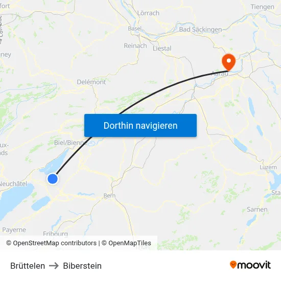 Brüttelen to Biberstein map