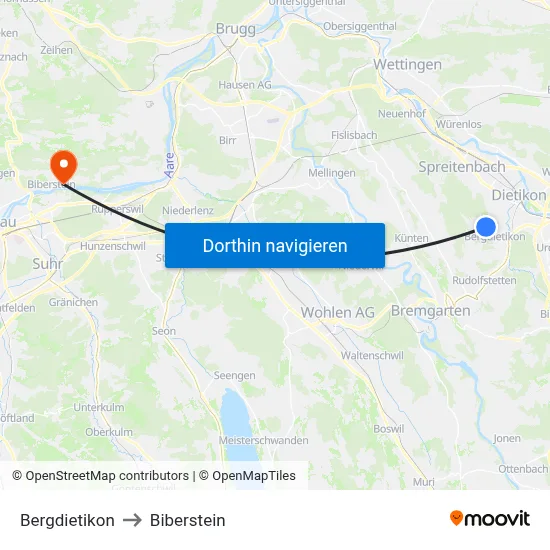 Bergdietikon to Biberstein map