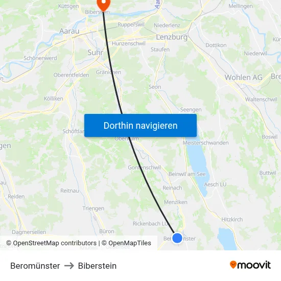 Beromünster to Biberstein map