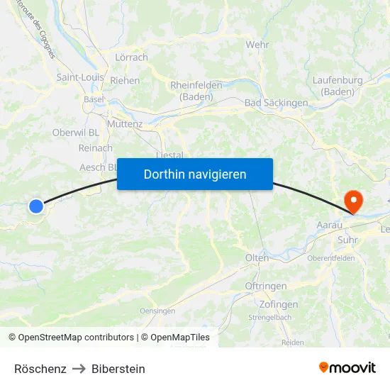 Röschenz to Biberstein map
