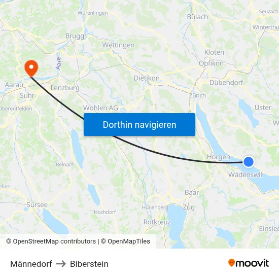 Männedorf to Biberstein map