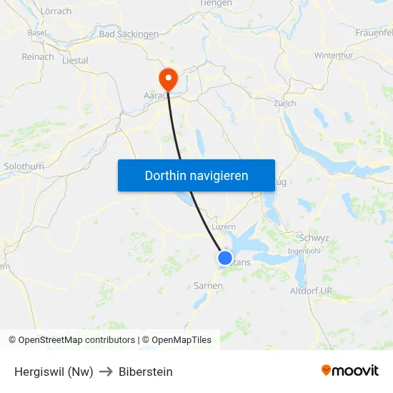 Hergiswil (Nw) to Biberstein map