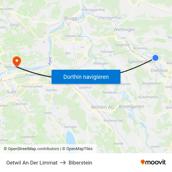 Oetwil An Der Limmat to Biberstein map