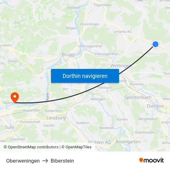 Oberweningen to Biberstein map