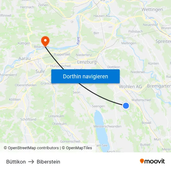 Büttikon to Biberstein map