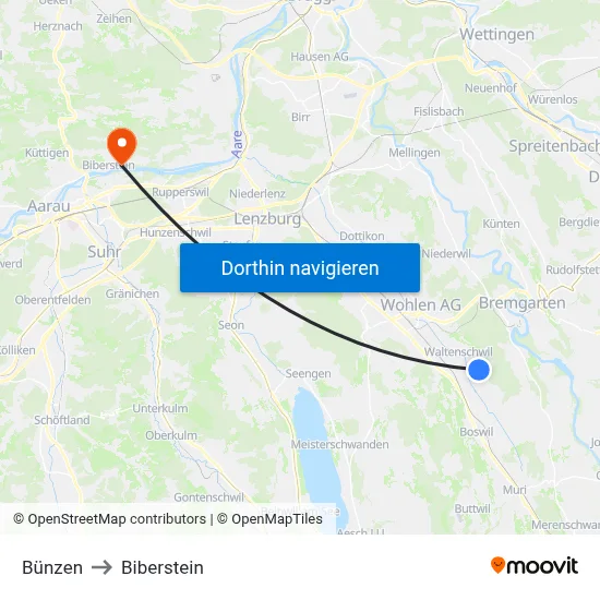 Bünzen to Biberstein map