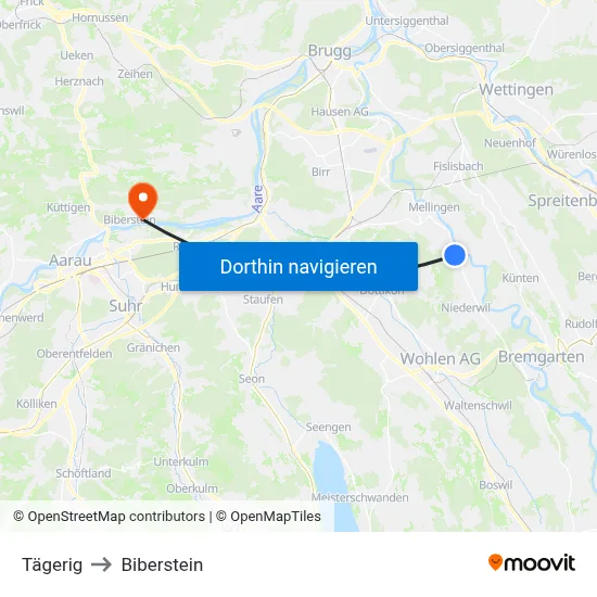 Tägerig to Biberstein map