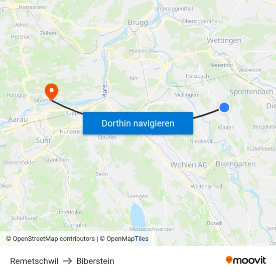 Remetschwil to Biberstein map